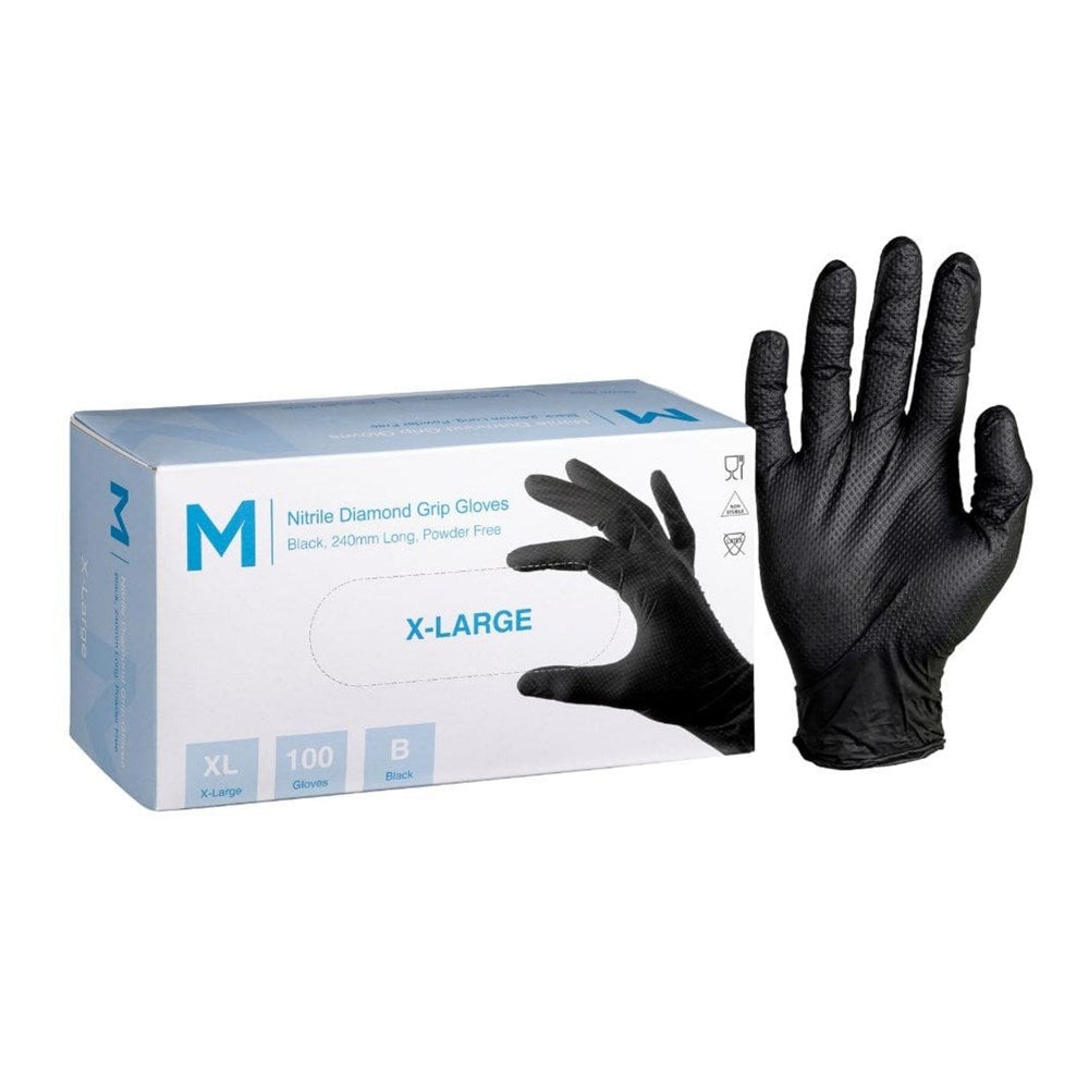 MPH -  Nitrile Diamond Grip Gloves - Black (100pk) 9.0g